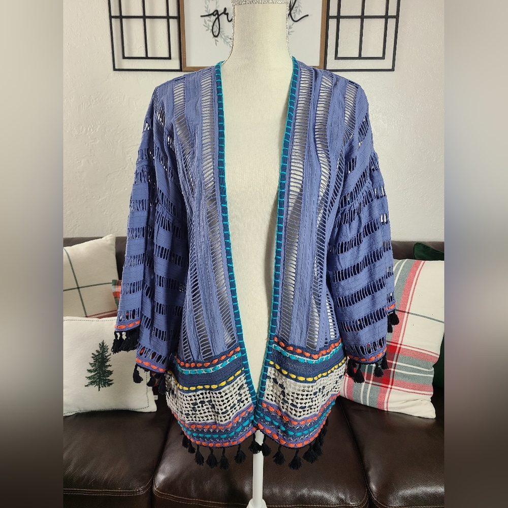 Conditions Apply Anthropologie Open-Front‎ Boho Chic Kimono Blue Weaving Tassels